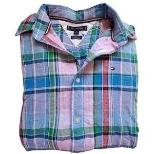 Tommy Hilfiger Mens Plaid Long Sleeve Shirt Regular Fit Multicolor Linen Blend